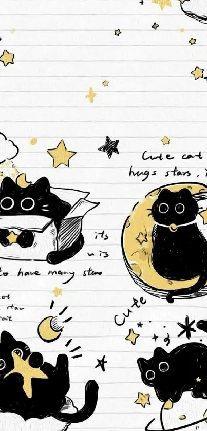 Whimsical black cats and stars on lined paper.