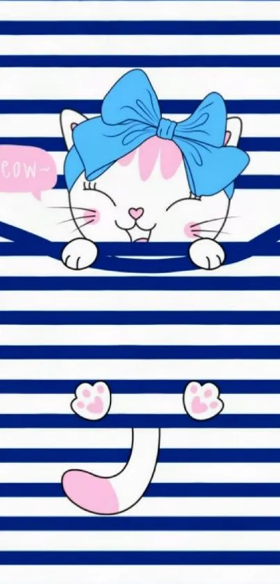 Cartoon cat with blue bow on navy striped background.