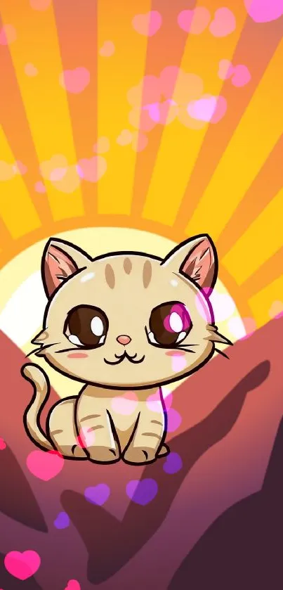 Adorable cartoon cat sitting with a vibrant sunset background on mobile wallpaper.