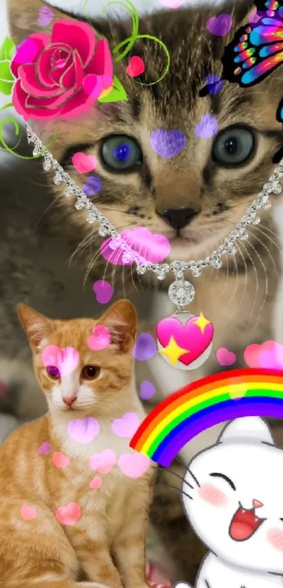 Cute and playful cat-themed mobile wallpaper with colorful hearts and a rainbow.