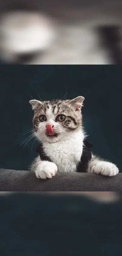 Cute kitten with tongue out, dark teal background.