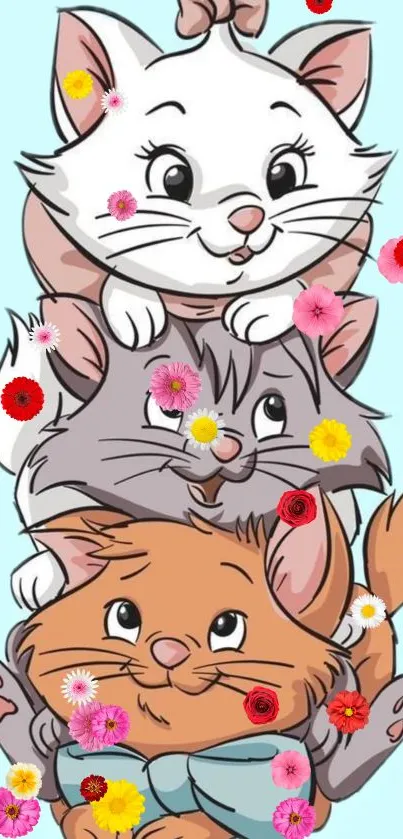 Cute cartoon cats stacked with floral accents on blue background.