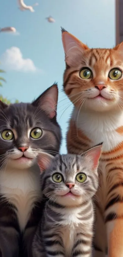 Three adorable cats sitting together, gazing upward in a charming pose.