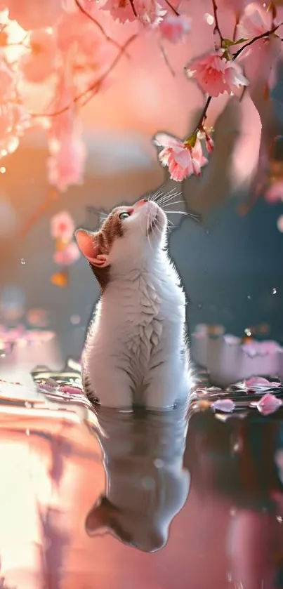 Cat gazing at blossoms with a serene, warm ambiance.