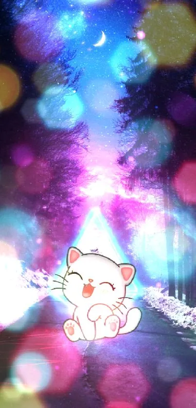 Cute white cat under a vibrant starry sky with fantasy lighting.