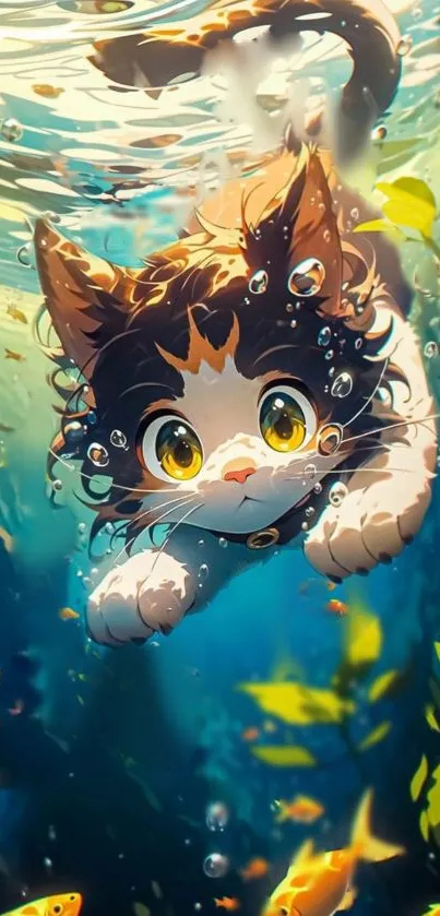 Playful cat swimming underwater surrounded by colorful fish and plants.