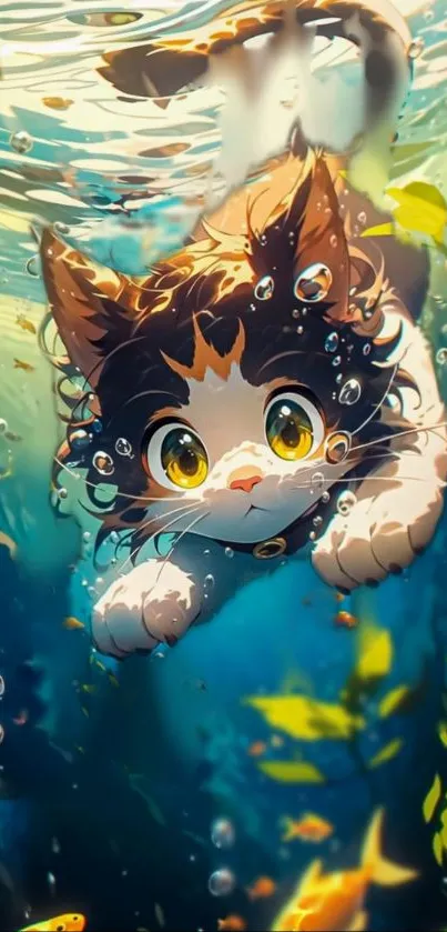 Cartoon cat swimming underwater with bubbles and fish