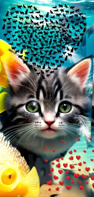 Cute kitten with fish and hearts underwater, vibrant scene.