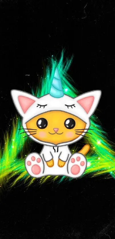 Cute cat unicorn on black and neon background.