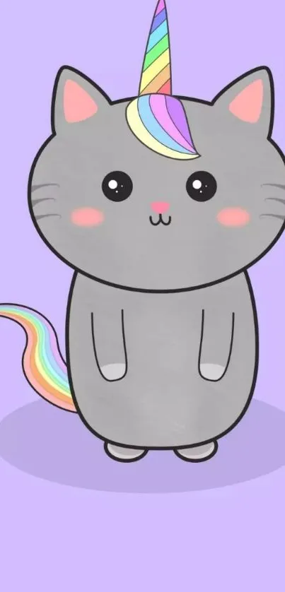 Kawaii cat-unicorn with rainbow on a lavender background.