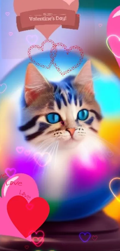 Cute cat with hearts on Valentine's Day wallpaper.