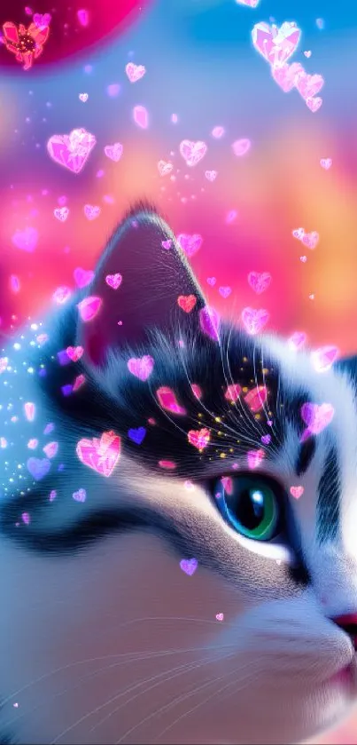 Adorable cat with blue eyes in a vibrant, colorful digital art wallpaper.