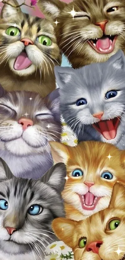 Cheerful wallpaper of smiling cats with colorful, playful expressions.