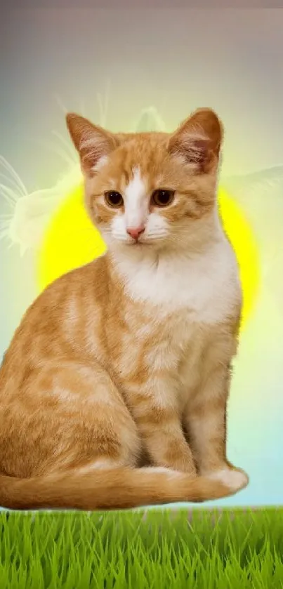 Adorable orange cat sitting on grass with sunlit background, perfect for phone screens.