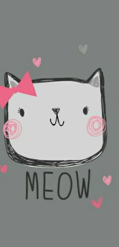 Cartoon cat with hearts and pink bow on gray background.