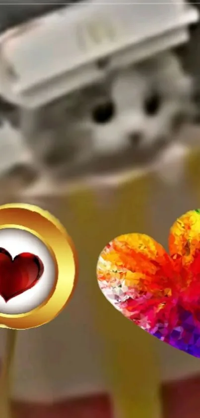 Cute cat with colorful hearts wallpaper.