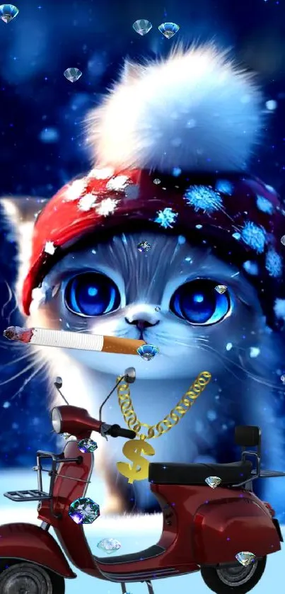 Cute kitten with red hat and scooter in winter scene.