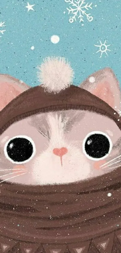 Illustrated cat in winter attire with snowflakes on a sky blue background.