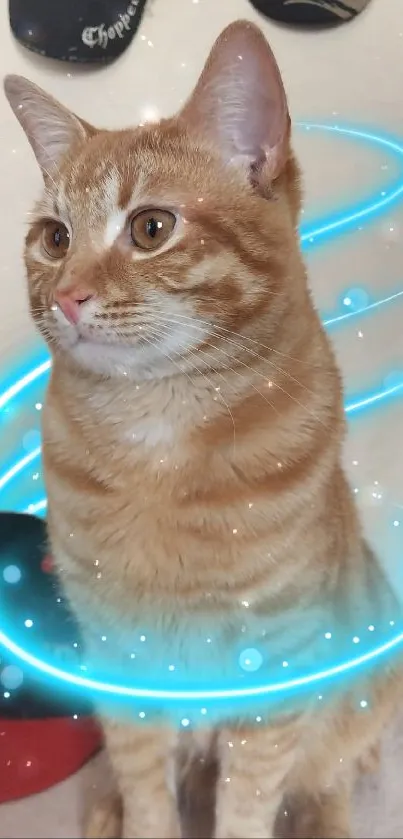 Adorable orange cat with blue magical aura in cute wallpaper.