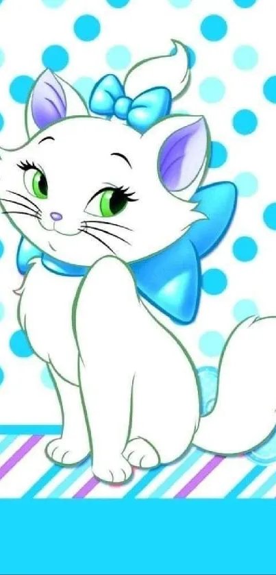 Cute white cat with blue bow and polka dot background.