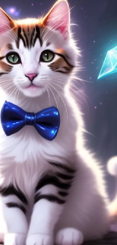 Cute cat with blue bow tie and mystical background.