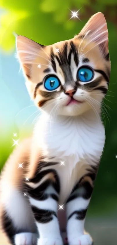 Cute cat with blue eyes and a sparkling background in a mobile wallpaper.