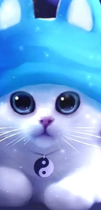 Cute white cat with a blue hat and sparkling eyes on a mobile wallpaper.