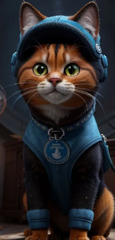 Adorable cat in a blue outfit, phone wallpaper.