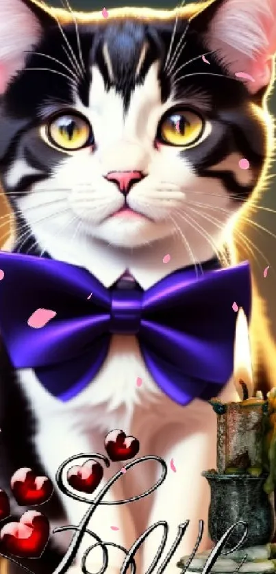 Adorable cat with purple bow tie and candle.