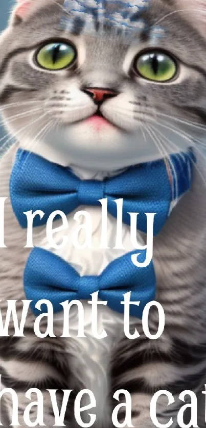 Cute cat with blue bowtie and text, 'I really want to have a cat.'