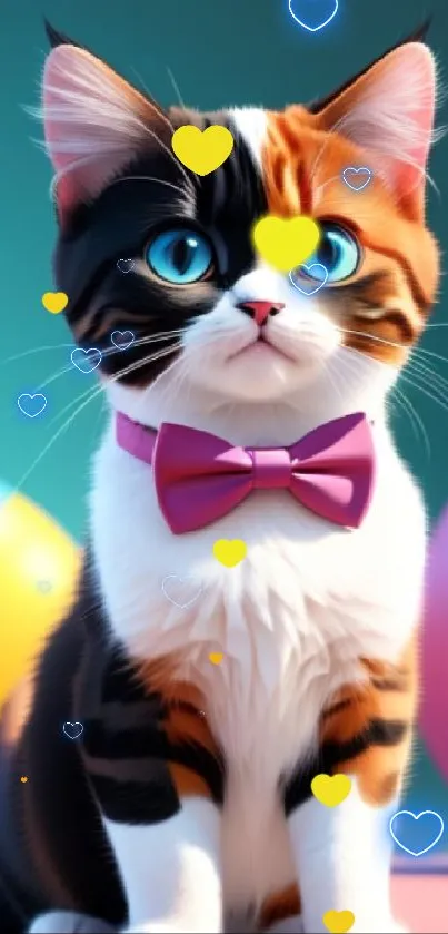 Calico cat with pink bowtie sitting among colorful spheres.