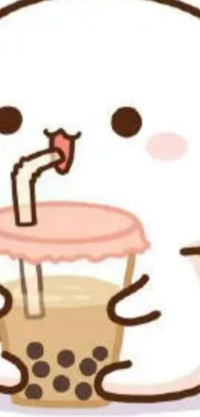 Cute cartoon cat sipping bubble tea on a white background.