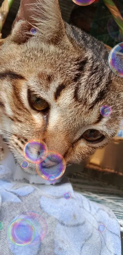 Cute cat surrounded by colorful bubbles in a playful mobile wallpaper.