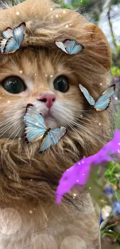 Adorable fluffy cat with butterflies amidst nature.