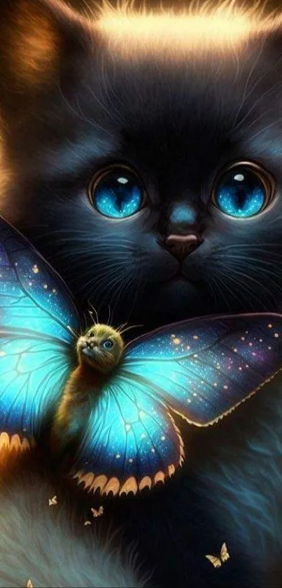 Adorable black cat with blue eyes and a luminous butterfly on mobile wallpaper.