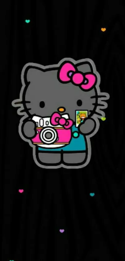 Cute cartoon cat with camera on a black background.