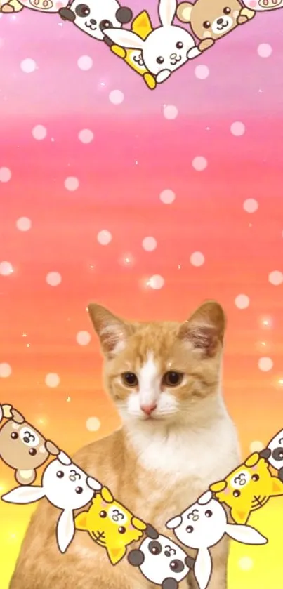 Orange cat with cartoon heart frame on colorful background.