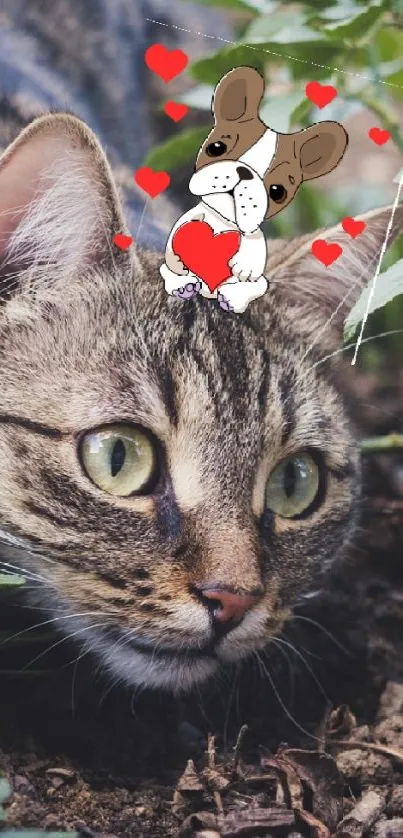 Cute tabby cat with cartoon heart illustration in a garden setting.