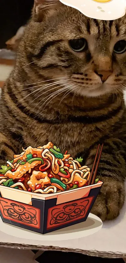 Adorable cat with cartoon noodles bowl