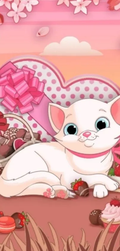 Cute white cat with chocolates and pink heart.