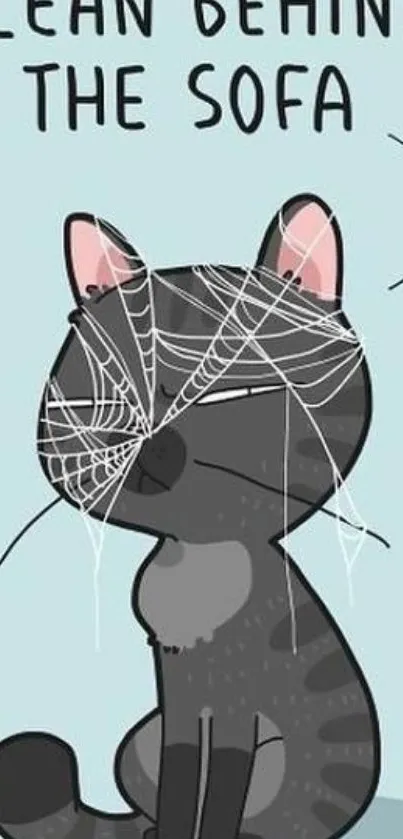 Cartoon cat with cobwebs, light blue background.