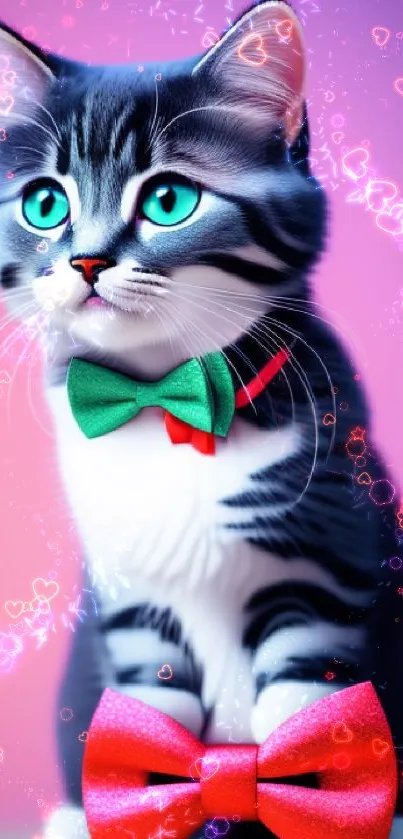 Cute cat with vibrant bowties on colorful background.