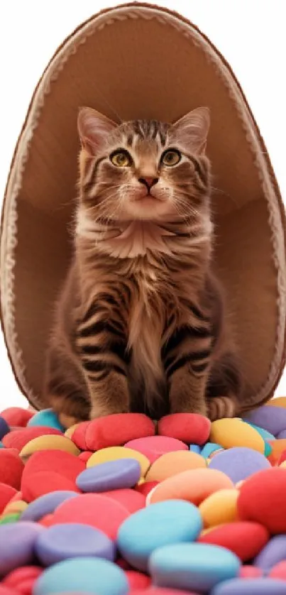 Cute kitten sitting among colorful candies in a fun mobile wallpaper.