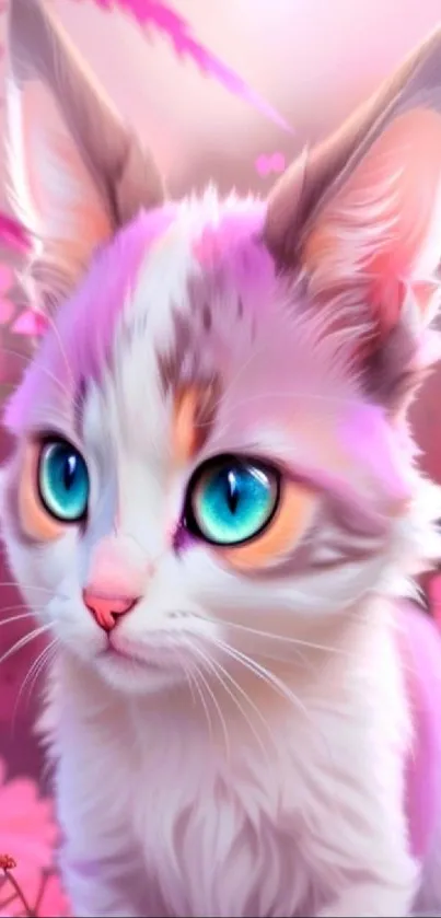 Cute kitten with blue eyes and pink floral background.