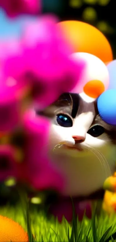 Adorable cat amidst colorful flowers and bubbles, vibrant and cheerful design.