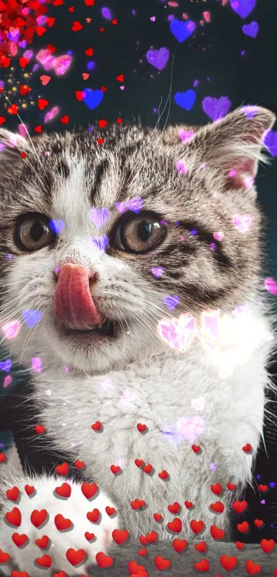 Cute cat with tongue out surrounded by colorful hearts on a designed wallpaper.