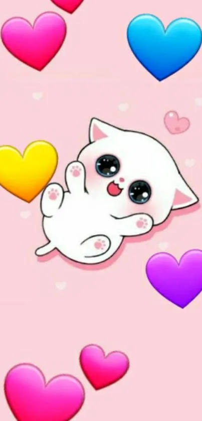 Cute white cat surrounded by colorful hearts on a pink background.