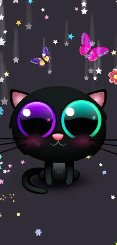 Cute cat with colorful eyes, stars, and butterflies on a dark background.