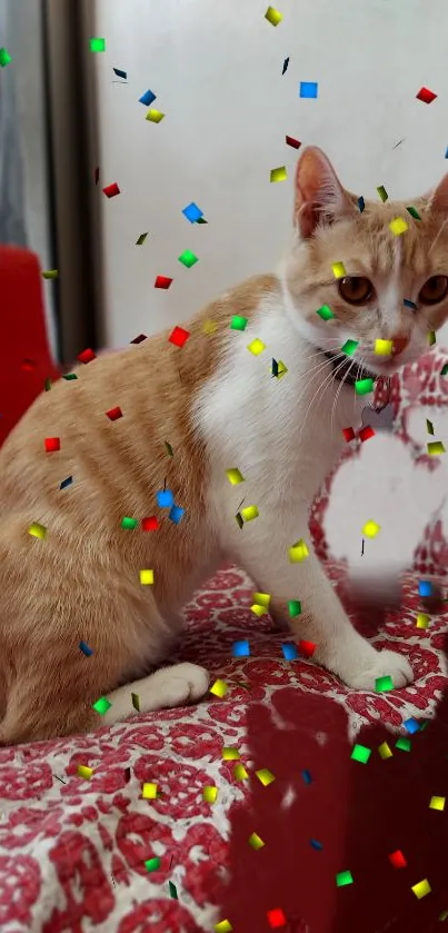 Orange and white cat sitting with colorful confetti.