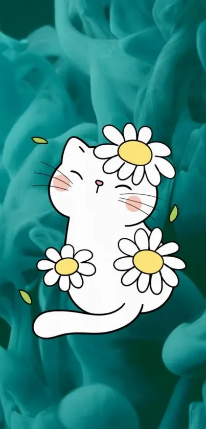 Cute cartoon cat surrounded by daisies on a teal background wallpaper.